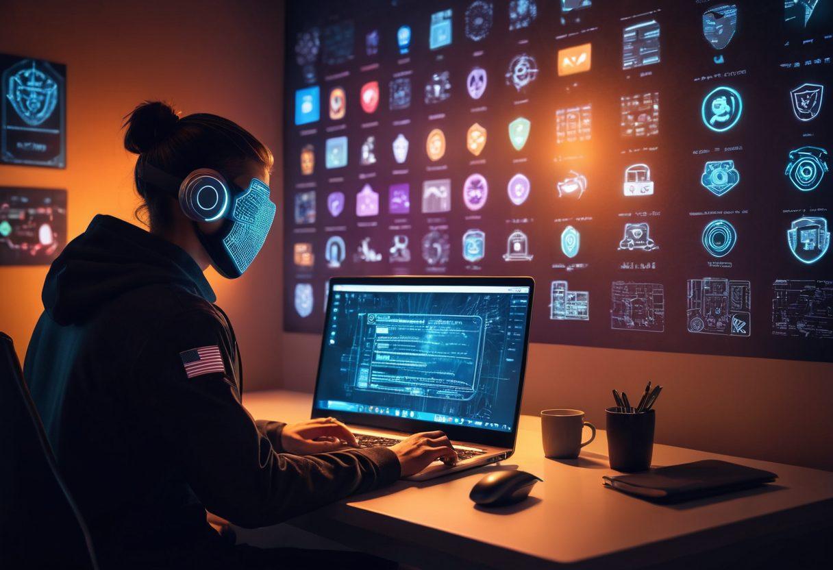A person working on a laptop in a cozy, dimly lit room, surrounded by floating digital icons like locks, shields, and anonymous masks representing internet anonymity. The screen glows with a web browser interface showing a secure connection. The walls are adorned with posters of cybersecurity tips and freedom symbols. The atmosphere is calm yet futuristic, emphasizing the theme of digital freedom. cyberpunk. vibrant colors. super-realistic.