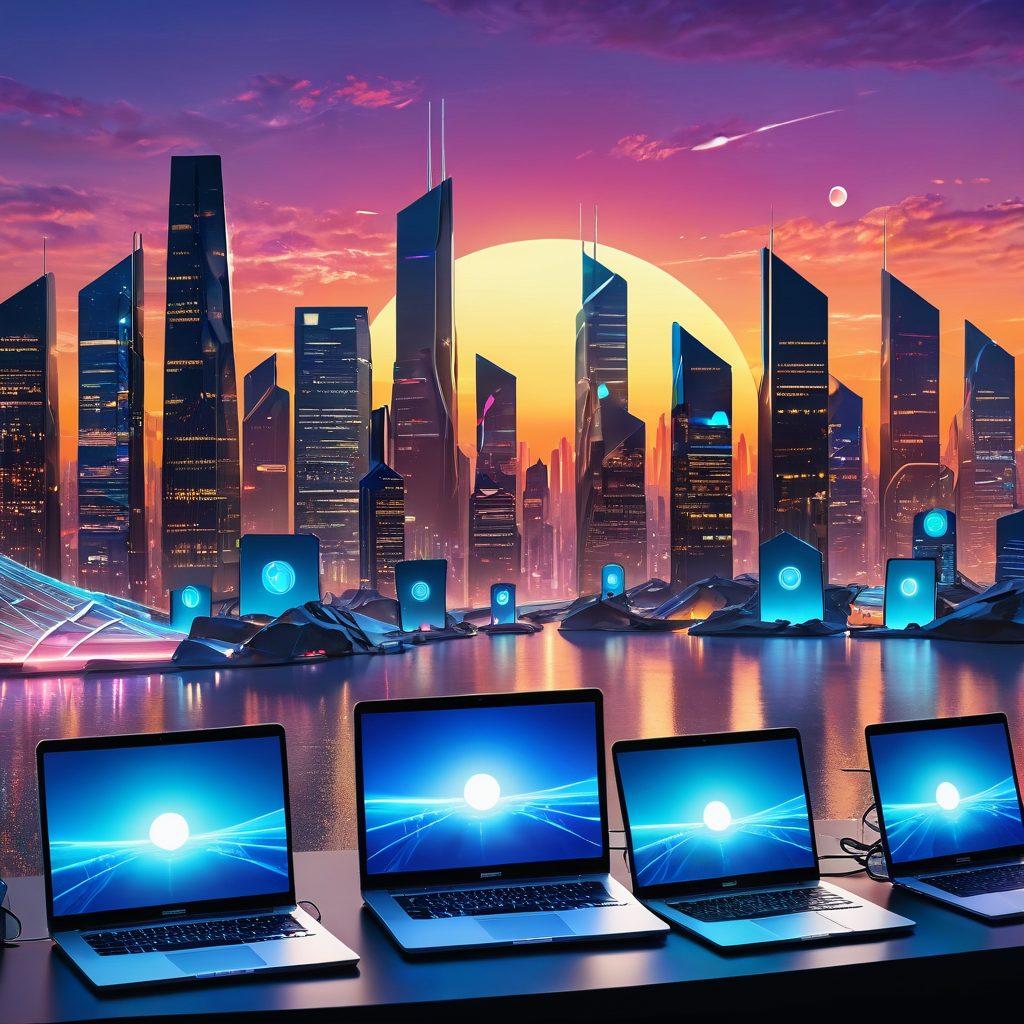A modern digital landscape showcasing various sleek devices like laptops and smartphones with glowing shields symbolizing security. The background features a serene, abstract representation of the internet with data streams and padlocks, illustrating the concept of safe browsing. Additional elements include a bright sun rising over a city skyline, signifying a new dawn in data protection. The color palette should be cool and inviting, emphasizing safety and technology. super-realistic. vibrant colors. 3D.