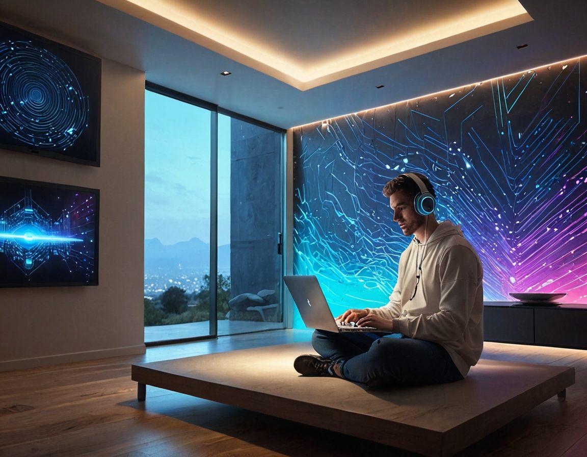 A serene digital landscape featuring a stylish, secluded digital home surrounded by a glowing shield that represents online privacy. Include abstract representations of data streams and encrypted locks, with a calm person working on a laptop, wearing headphones, deep in concentration. The atmosphere should be bright yet secure, emphasizing safety and tranquility in the online world. super-realistic. vibrant colors. 3D.